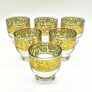 Set of 6 Vintage Culver Green 22K Gold Footed Whiskey Glasses